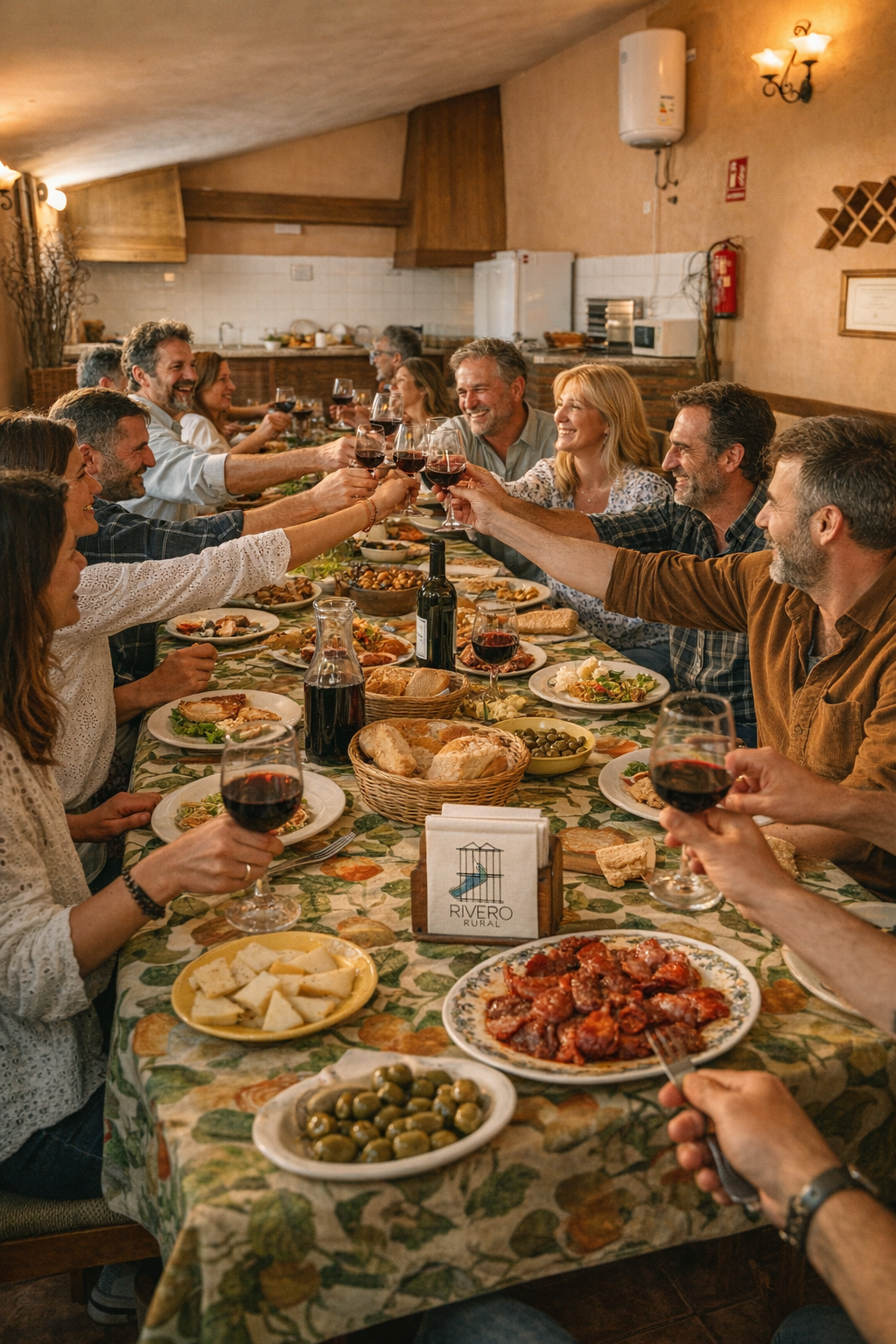Grupo compartiendo comida en casa rural para 20 personas en Córdoba