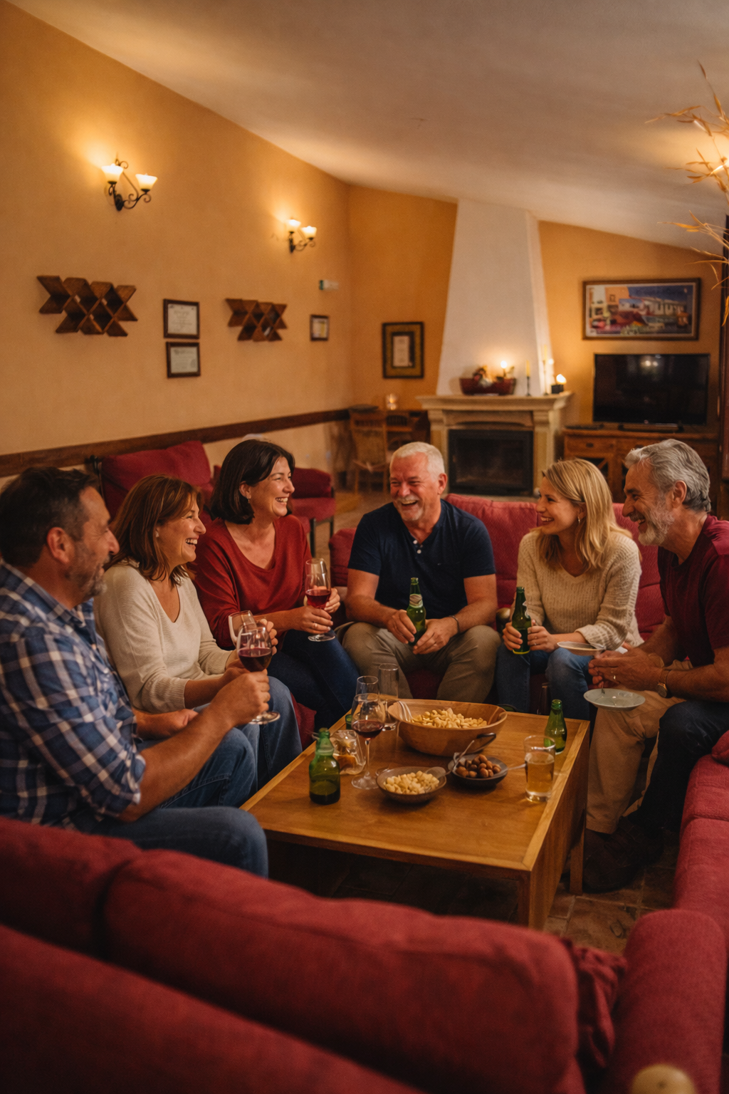 Grupo de amigos relajados en salón de casa rural en Posadas Córdoba