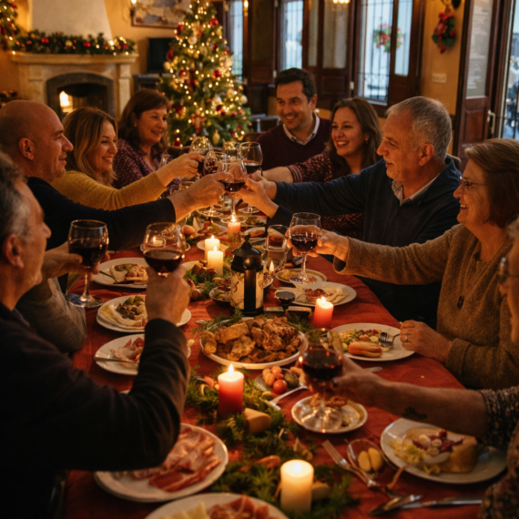 Grupo celebrando Navidad en casa rural grande en Córdoba con cena y ambiente familiar