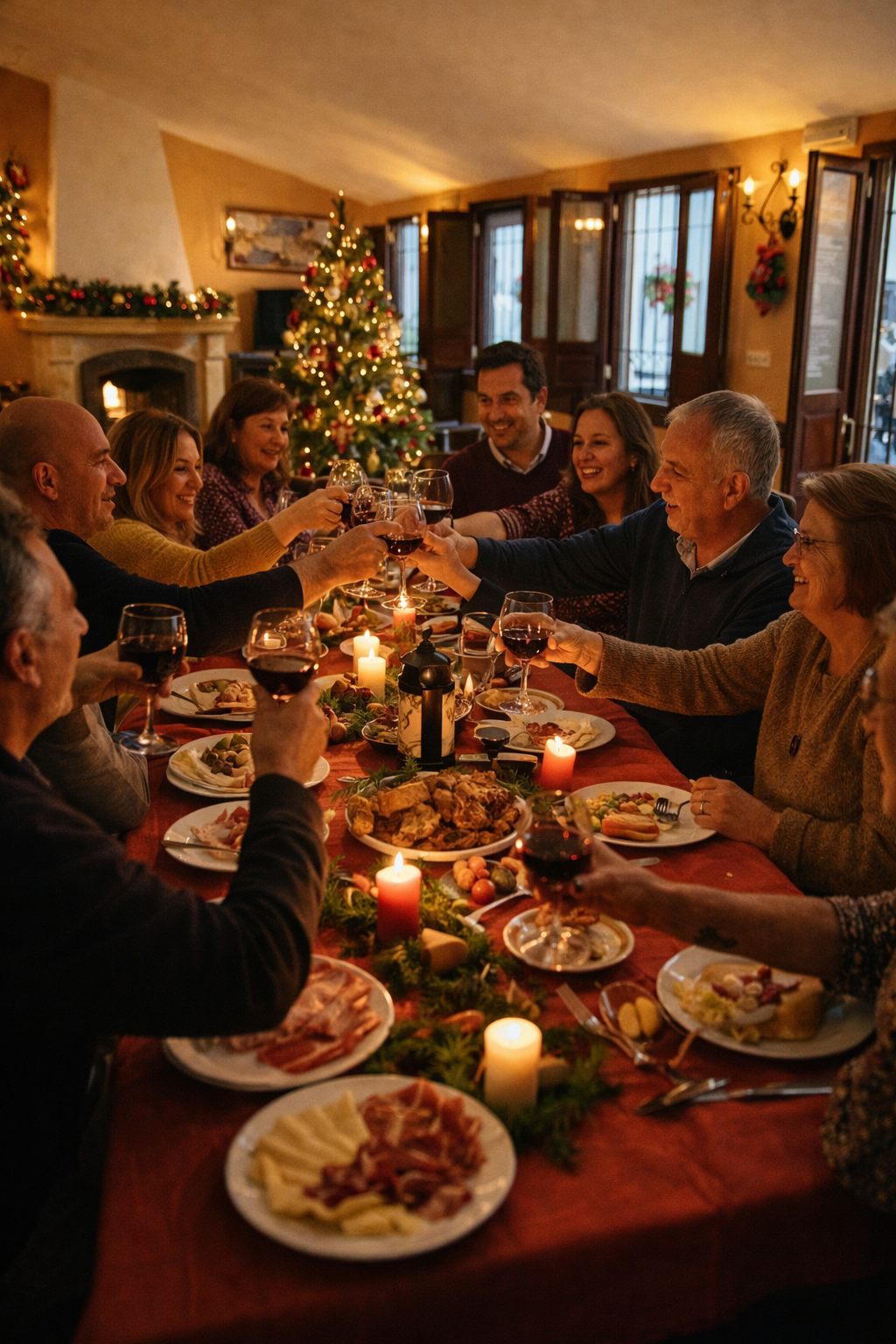 Grupo celebrando Navidad en casa rural grande en Córdoba con cena y ambiente familiar