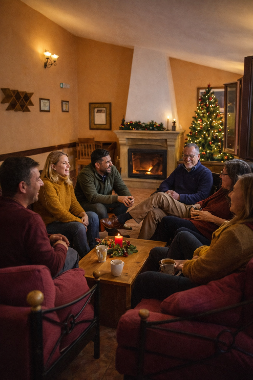 Grupo de amigos y familia en salón con chimenea en casa rural en Córdoba en Navidad