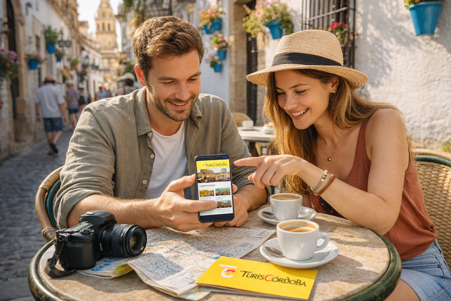 Pareja planificando qué hacer en Córdoba y dónde alojarse con ayuda de TurisCórdoba
